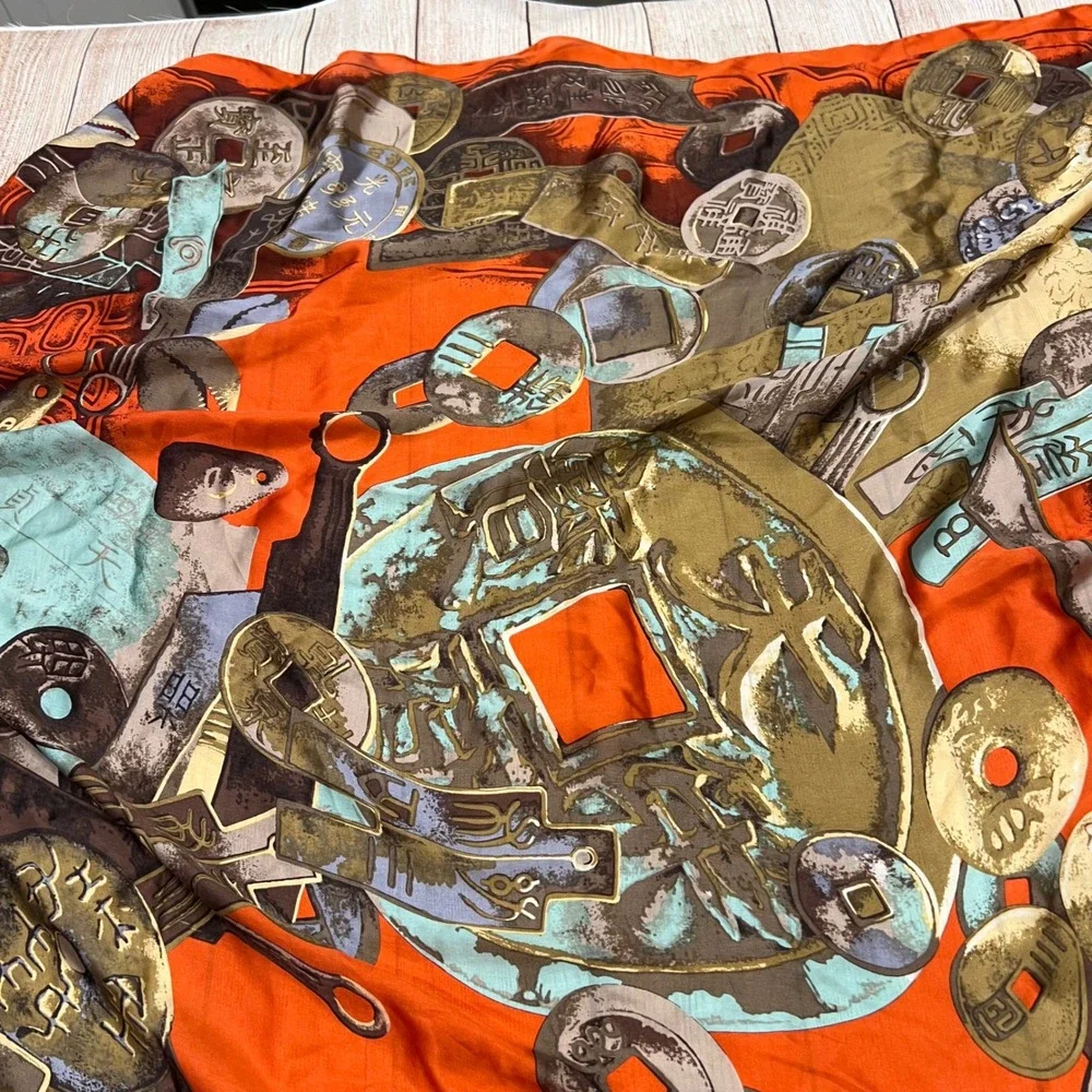 Tongyu 100% Silk Scarf Orange Ancient Chinese Coin Print Square Hand Rolled 21in